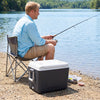 Portable 43.3 Quart hard cooler in black with handles and 4 cup holders, ideal for fishing and outdoor activities.