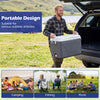 Portable 43.3 Quart hard cooler in black with handles and cup holders, ideal for camping, fishing, and picnics.