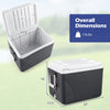 Portable 43.3 Quart hard cooler in black showcasing overall dimensions of 22 x 16 x 12 inches, perfect for outdoor adventures.