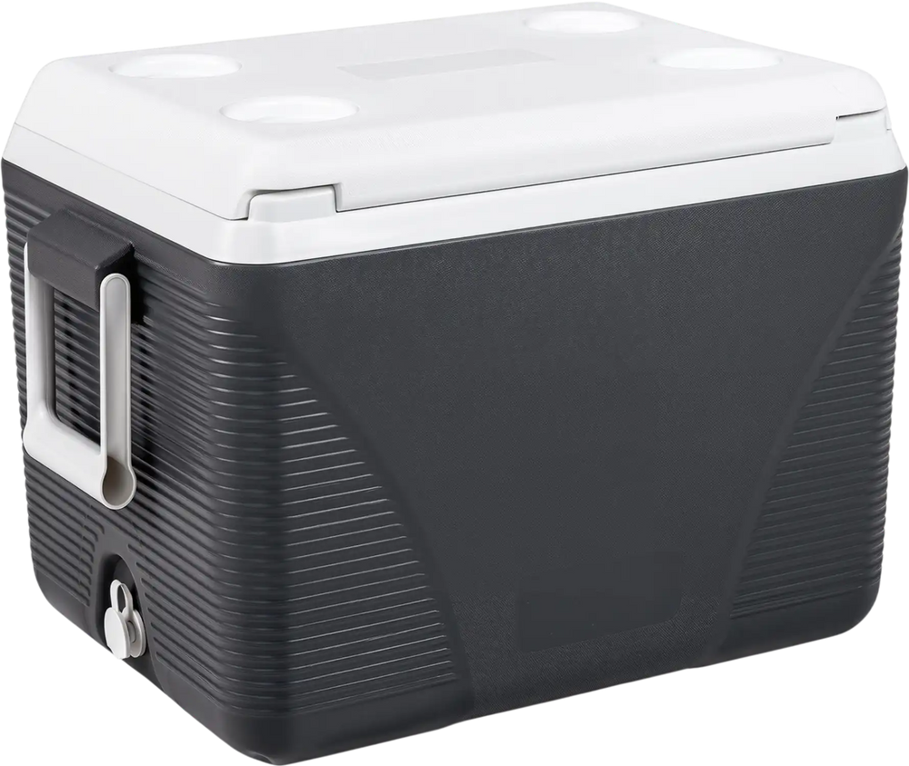 Portable 43.3 Quart hard cooler in black with handles and 4 cup holders, ideal for camping, fishing, and picnics.