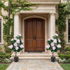 Two 43.5" artificial hydrangea trees in pink pots, featuring lifelike flowers and dense foliage for outdoor decor.