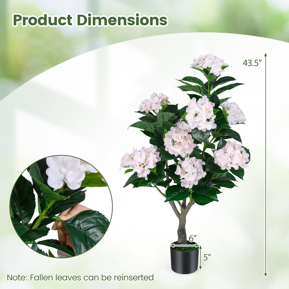 Artificial hydrangea tree with pink flowers, 43.5" tall, featuring dense foliage and a stable cement-filled base for.