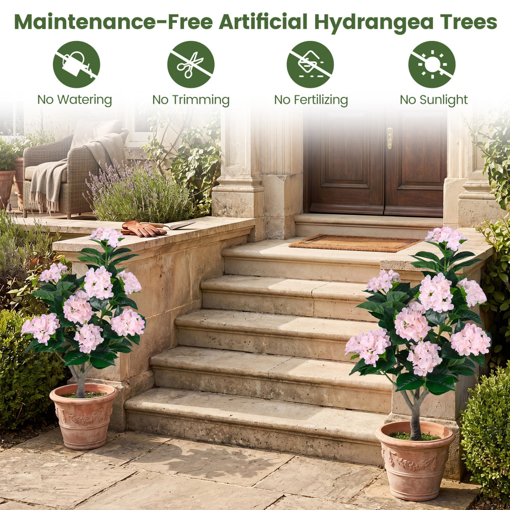 Two 43.5" pink artificial hydrangea trees with dense foliage, perfect for patios or living rooms, requiring no.