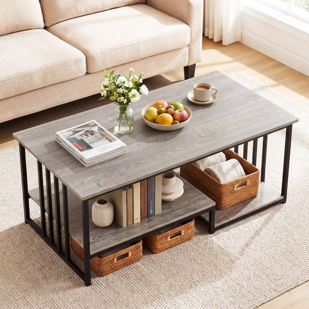 Two-tier 43.5" oak coffee table with open storage shelf, rustic wood grain, ideal for living room or office use.