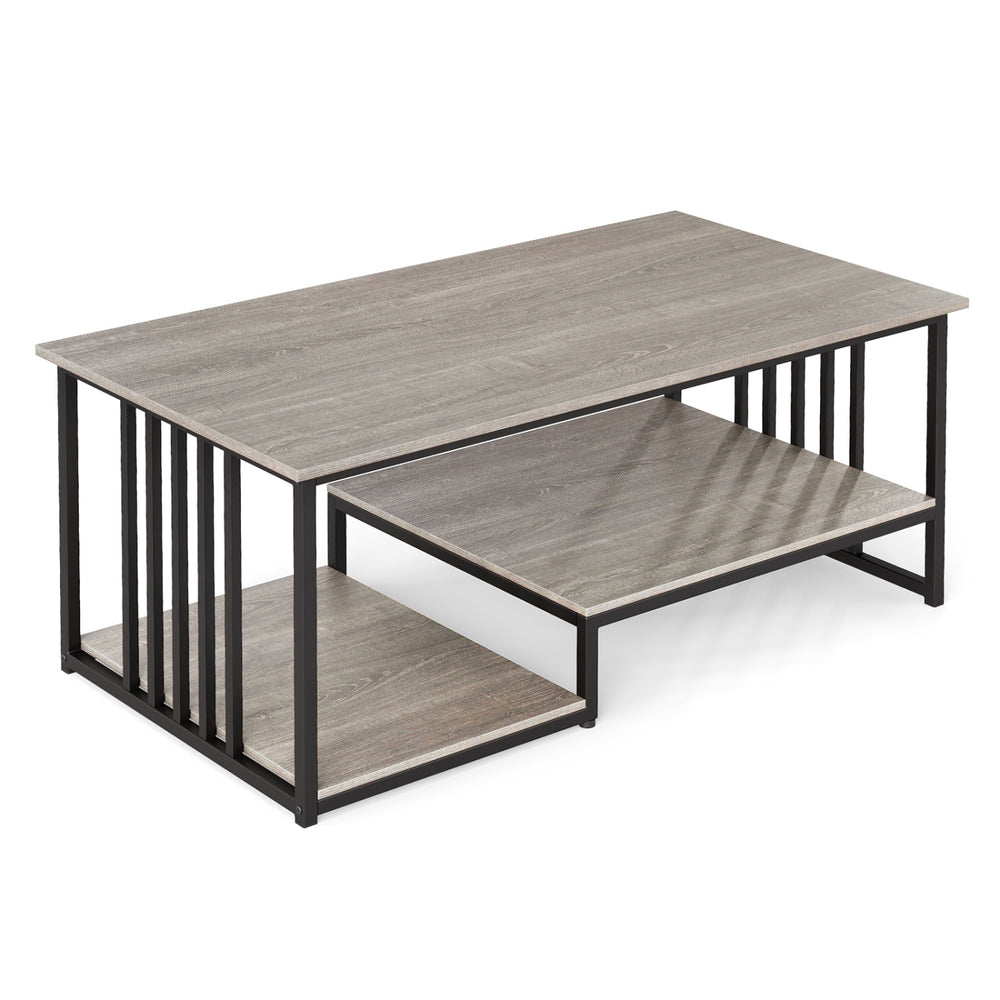 Two-tier 43.5" coffee table with oak finish and metal frame, featuring an open storage shelf for living room use.