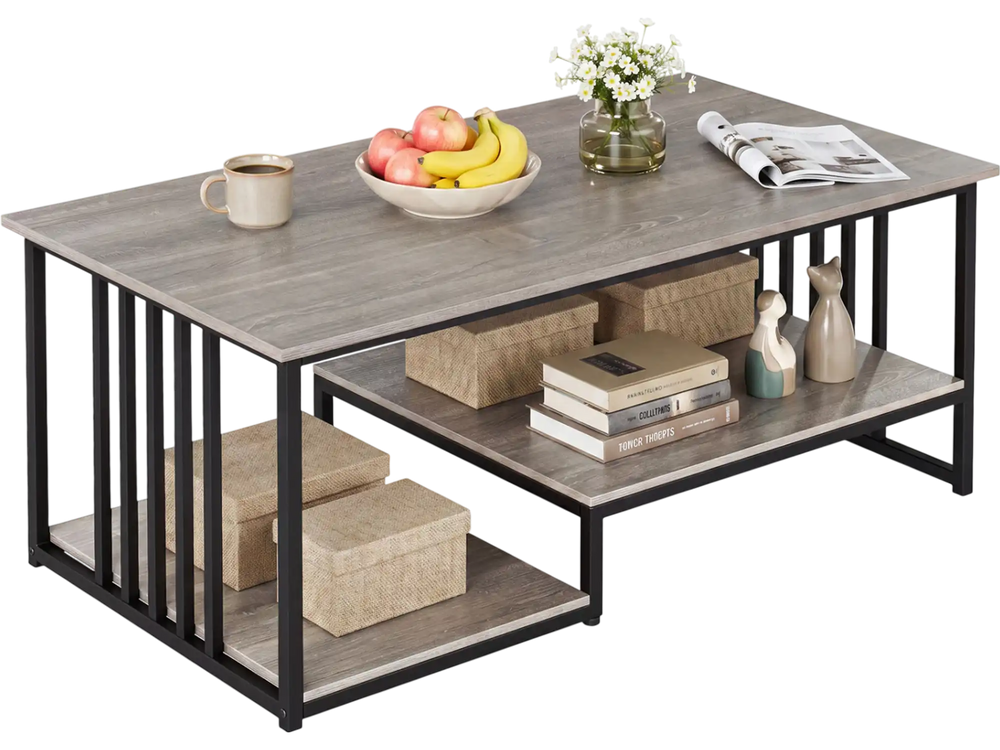 Two-tier 43.5" coffee table with oak finish and open storage shelf, perfect for living room or office organization.
