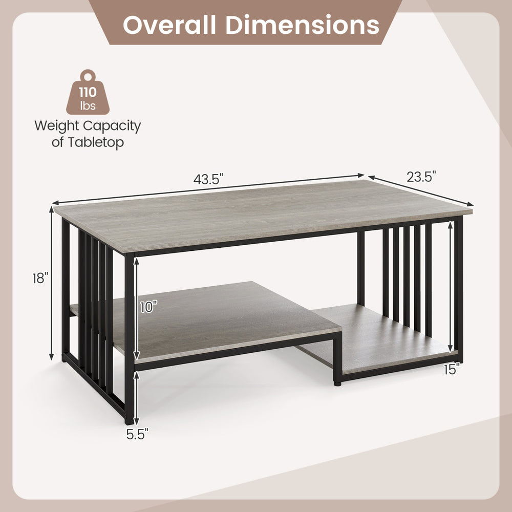 Dimensions of the 43.5" oak coffee table with 2-tier design, featuring an open storage shelf and sturdy metal frame.