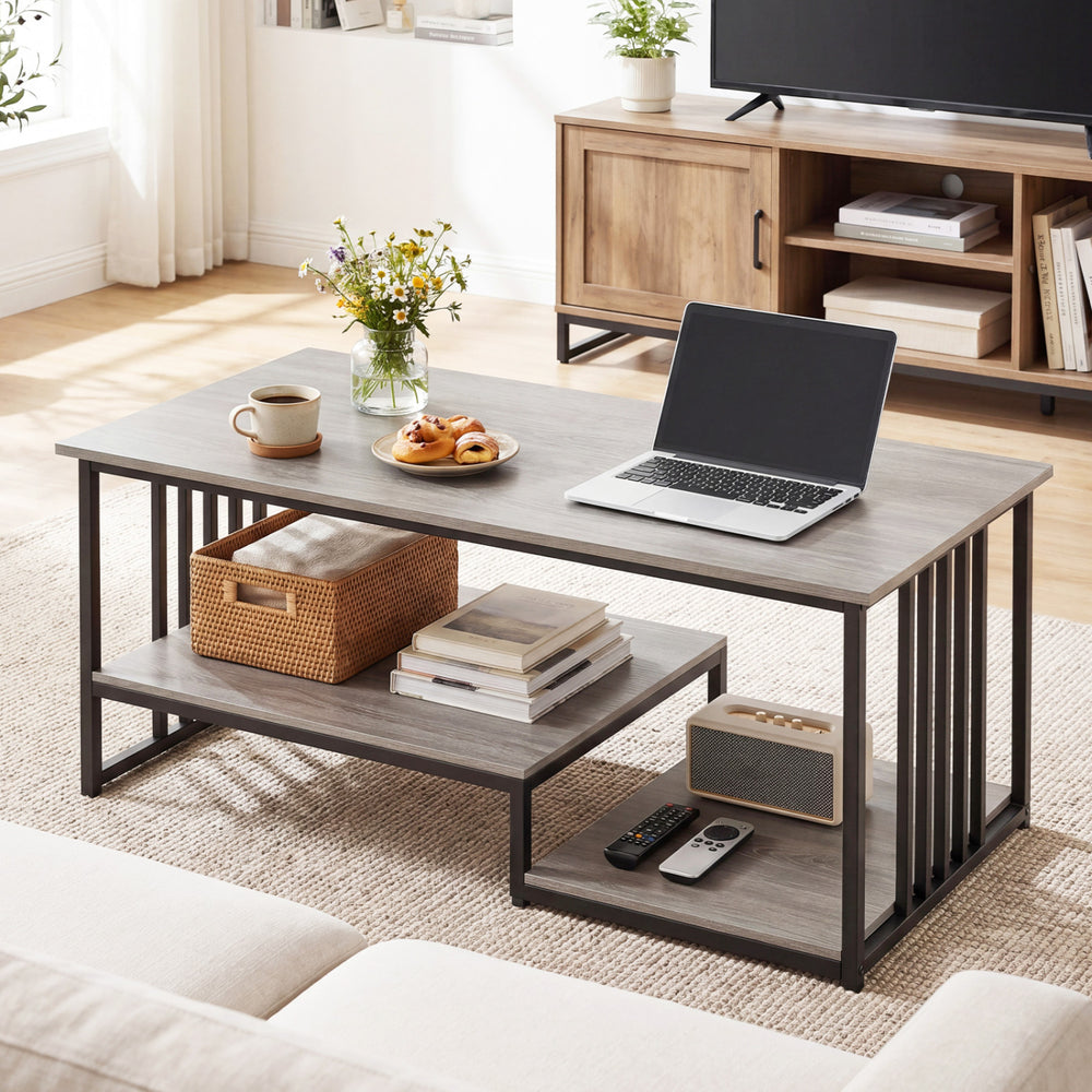 Two-tier 43.5" coffee table in oak with open storage shelf, perfect for living room or office organization.
