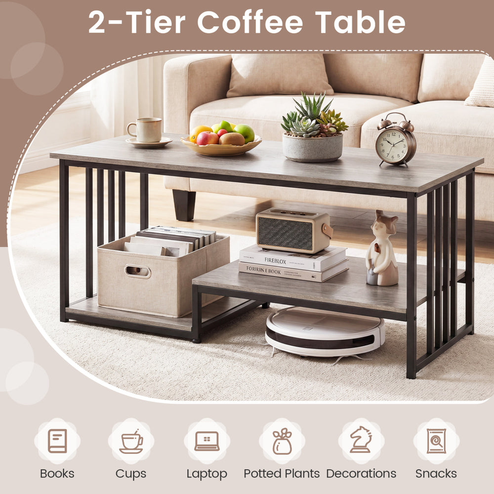 43.5" 2-tier coffee table with oak finish and open storage shelf, ideal for living room organization and decor.