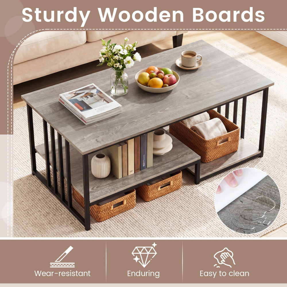 Two-tier 43.5" coffee table with oak finish and open storage shelf, perfect for living room organization and decor.