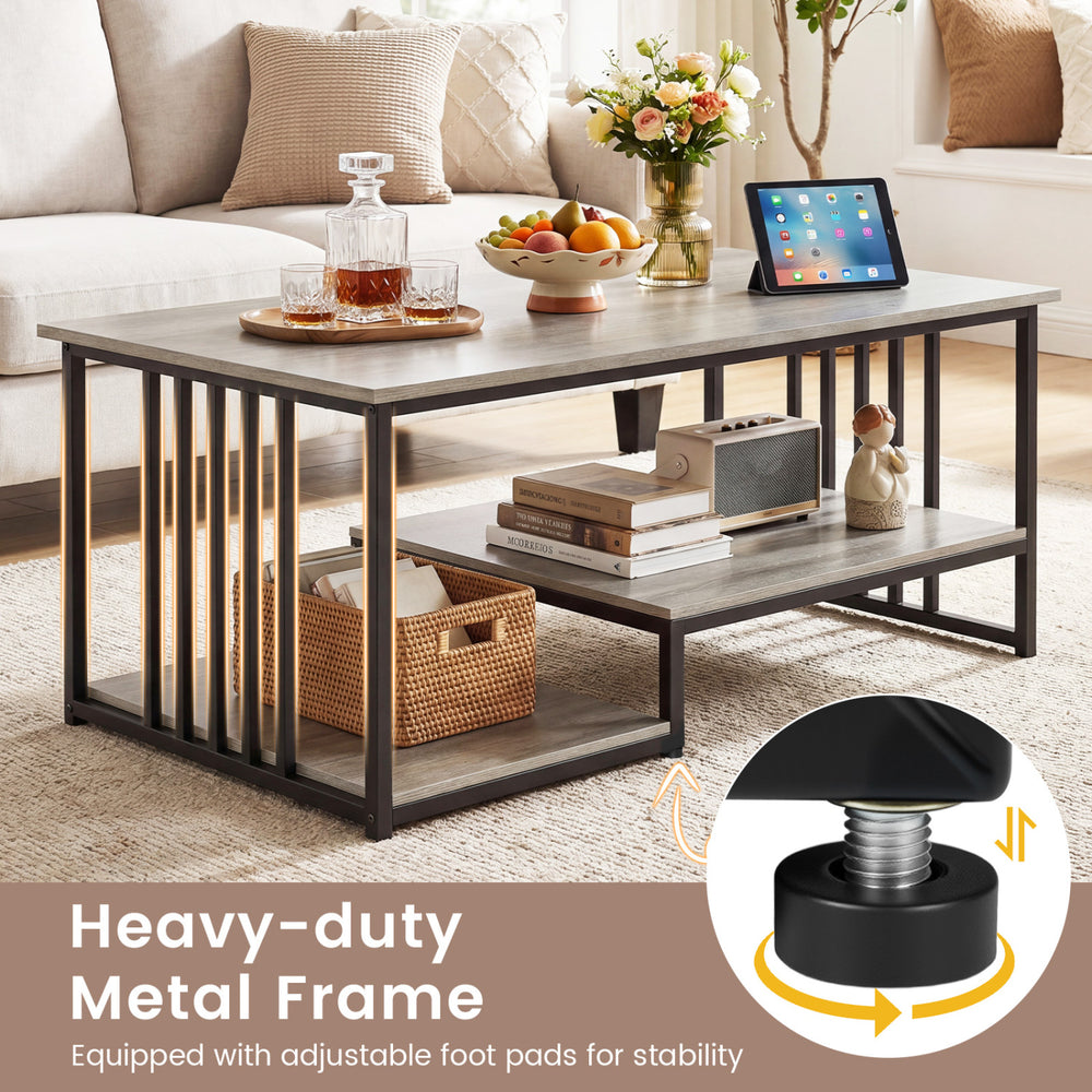 43.5" coffee table with a heavy-duty metal frame and rustic oak finish, featuring a spacious 2-tier design for.