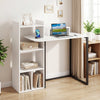 43.5" white computer desk with ergonomic monitor stand, charging station, and open shelves for organized storage.