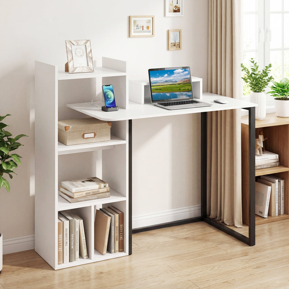 43.5" white computer desk with ergonomic monitor stand, charging station, and open shelves for organized storage.