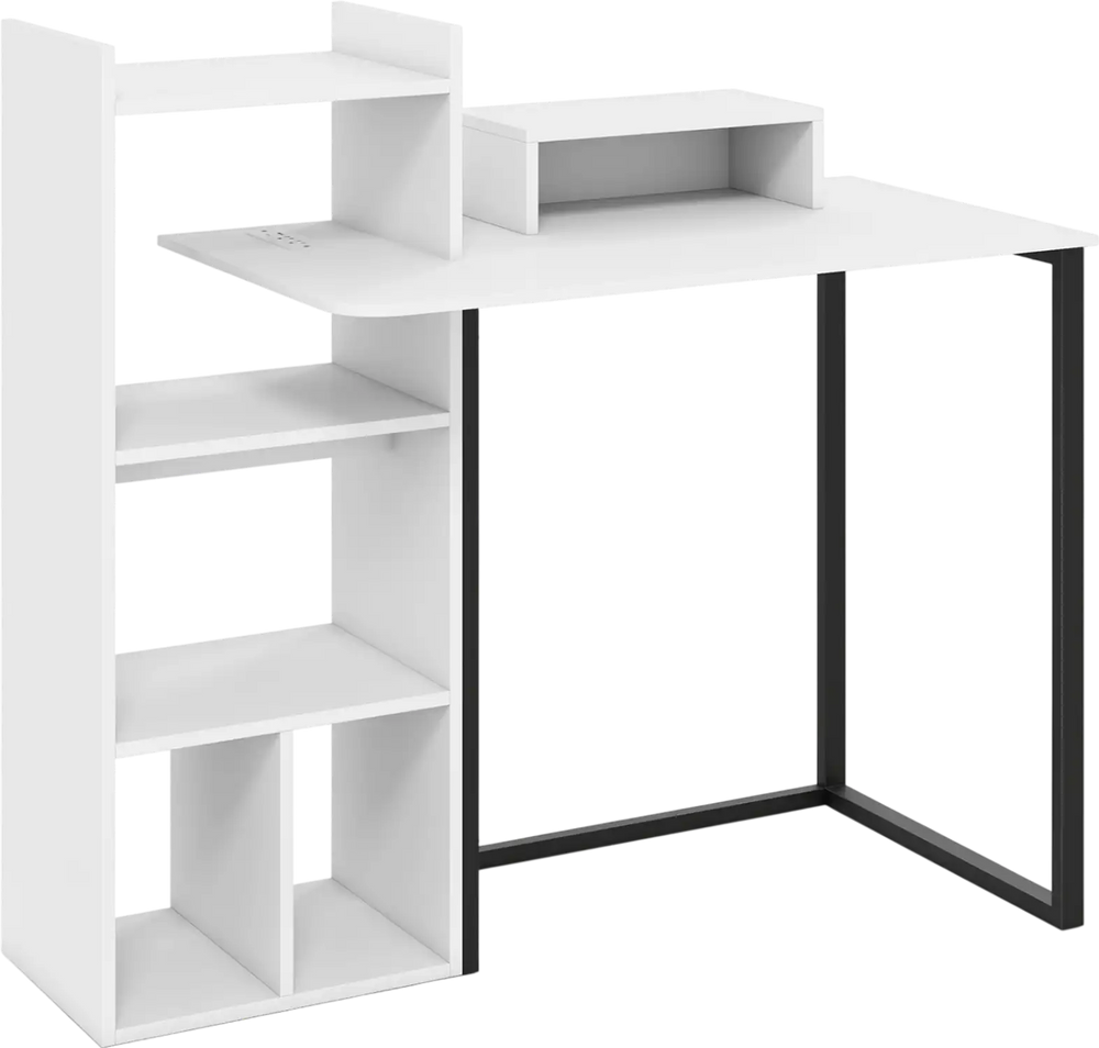 White 43.5" computer desk with ergonomic monitor stand, charging station, and multiple open shelves for storage.