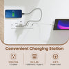 Convenient charging station on a 43.5" white computer desk with ergonomic monitor stand for versatile workspace use.