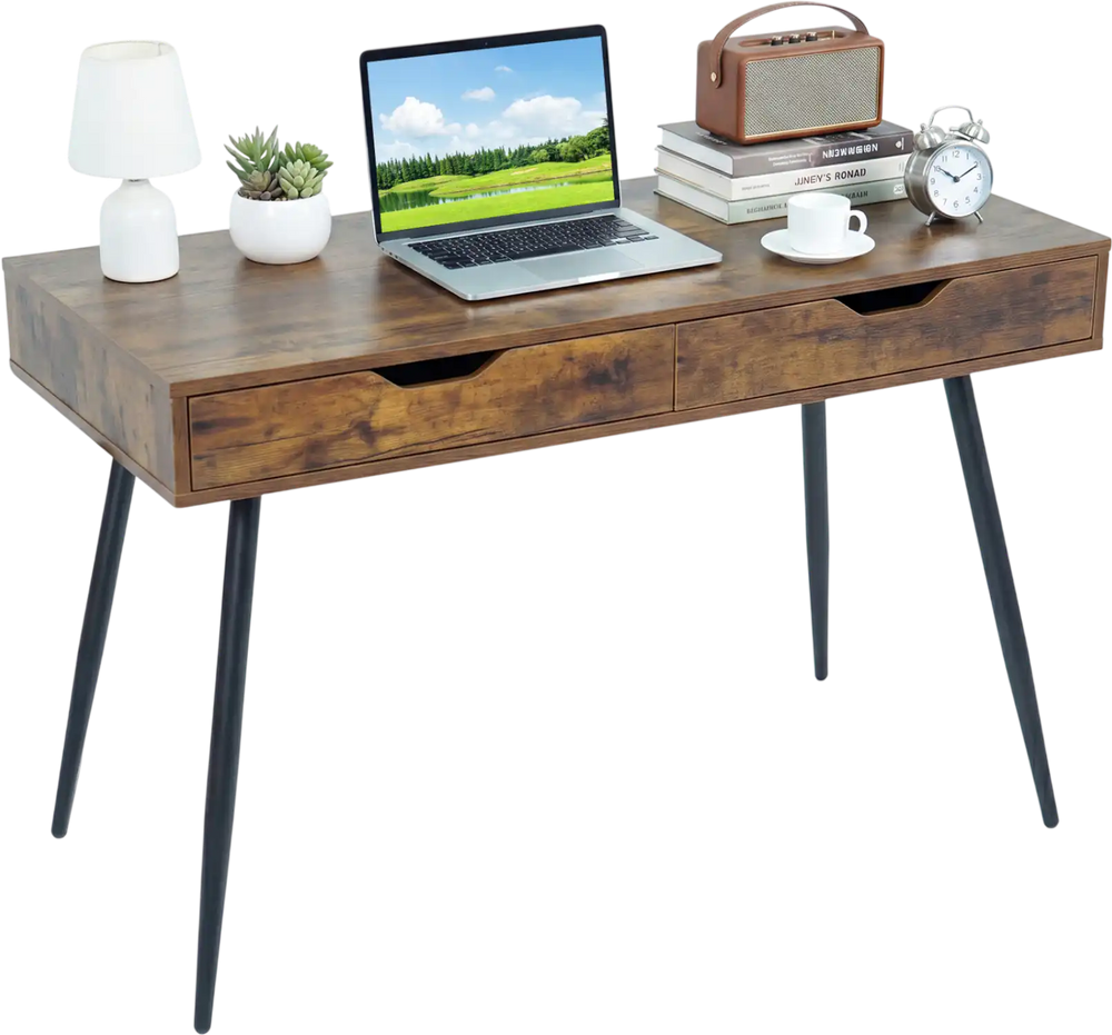 43.5-inch walnut computer desk with 2 drawers, solid rubber wood legs, ideal for small spaces and versatile use.