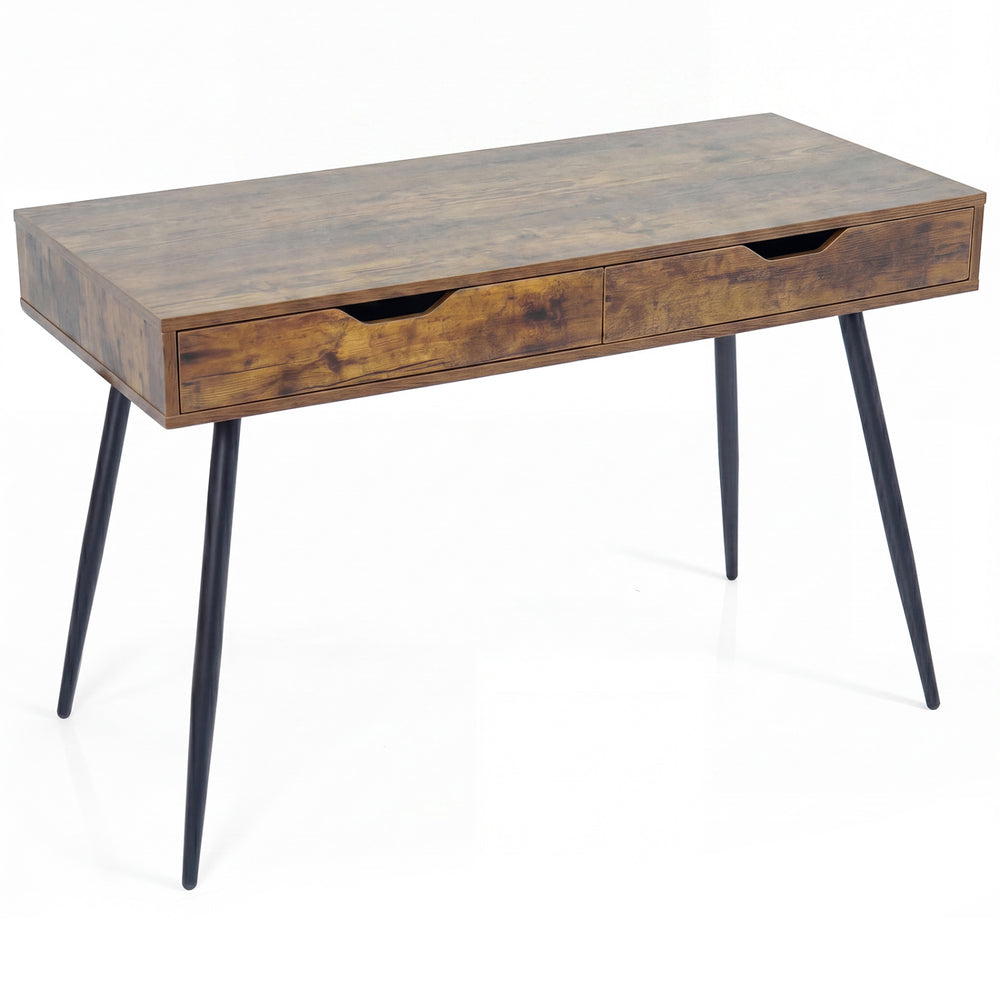 Walnut 43.5-inch computer desk with 2 drawers, solid rubber wood legs, ideal for small spaces and versatile use.