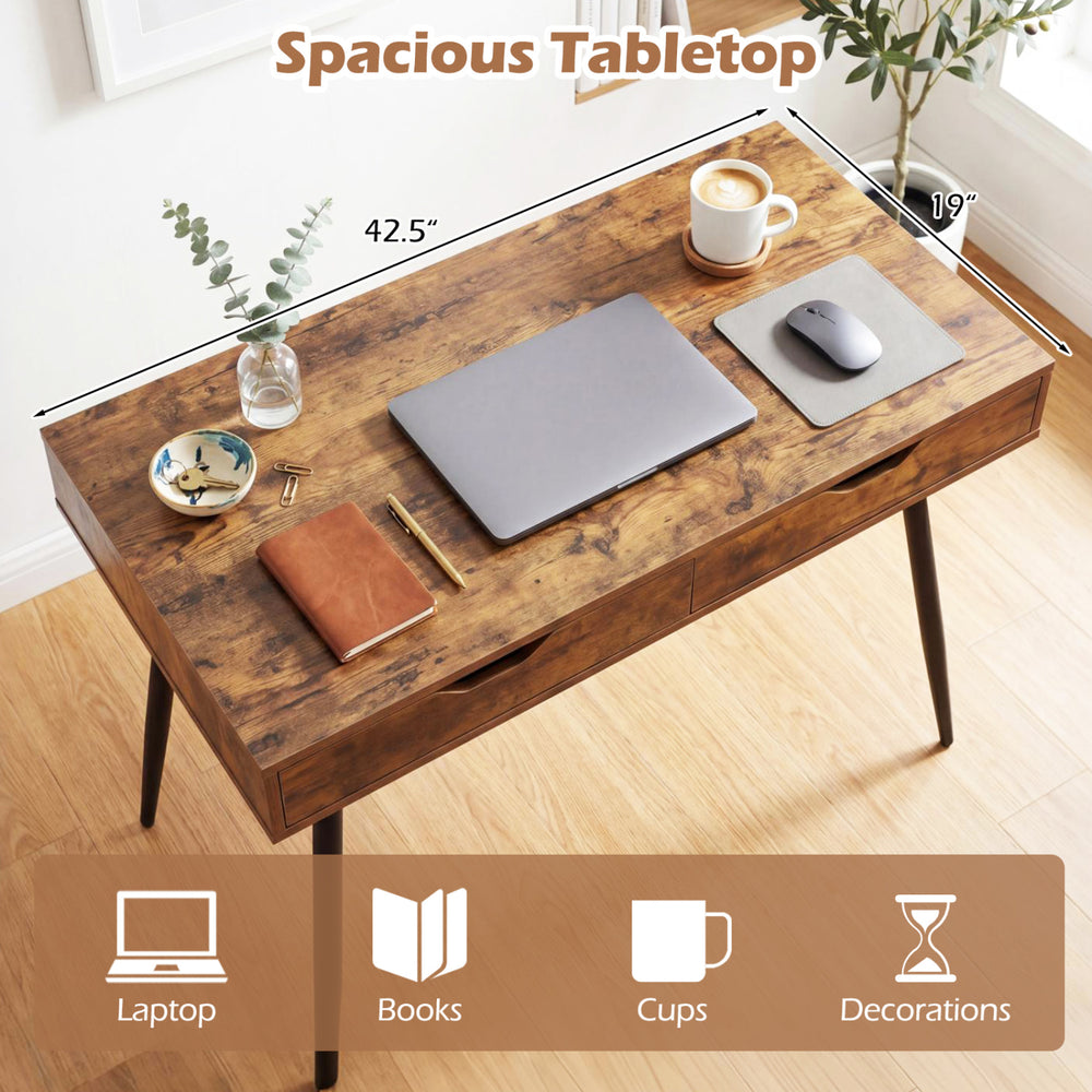 Spacious walnut computer desk with 2 drawers, accommodating a laptop and essentials, ideal for small spaces.
