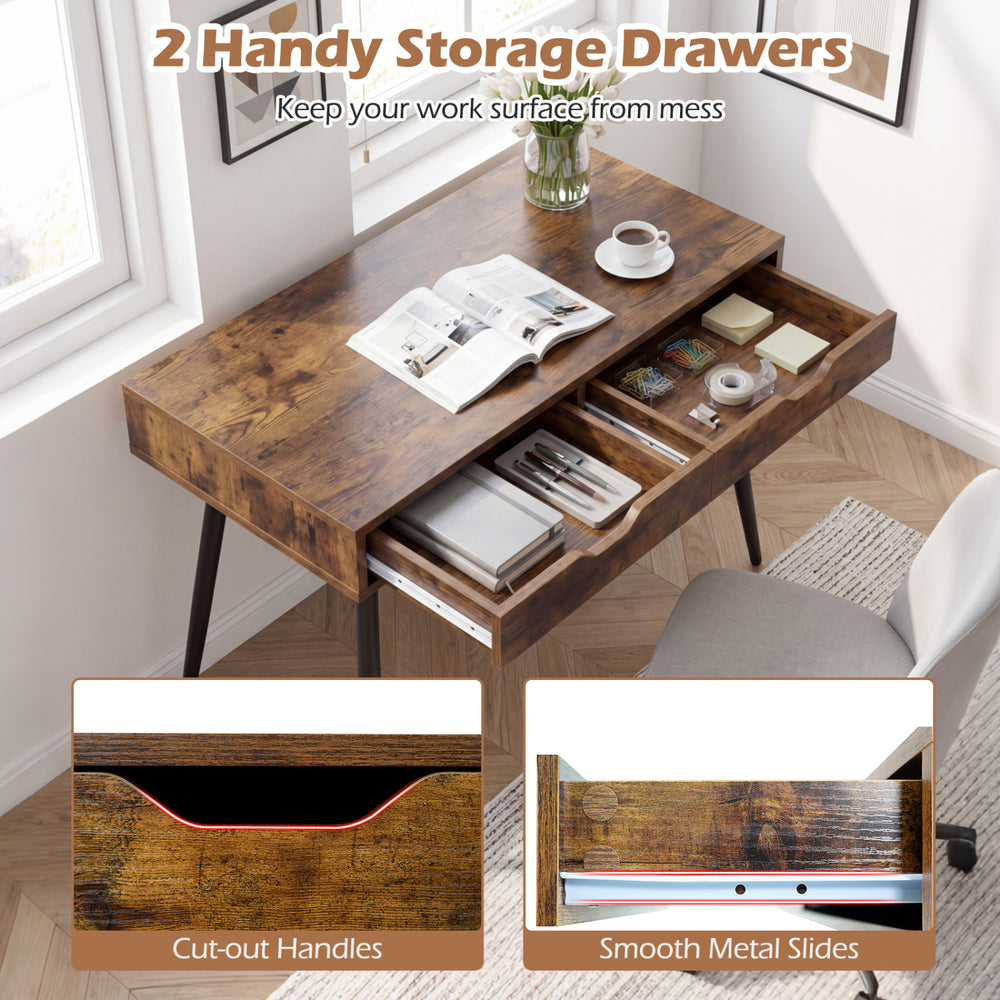 43.5-inch walnut computer desk featuring two large drawers with cut-out handles and smooth metal slides for easy access.