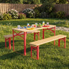 Folding kids picnic table and bench set in red with wooden top, perfect for outdoor playtime and easy storage.