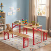 Folding kids picnic table and bench set in red with wooden top, perfect for indoor or outdoor playtime for four.