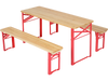Folding kids picnic table and bench set with red metal frame and wooden top, perfect for indoor or outdoor use.