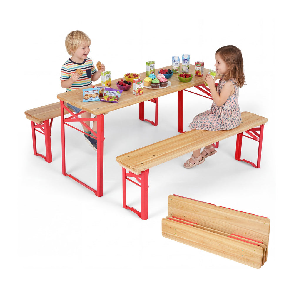 Kids picnic table and bench set in red with wooden top, perfect for indoor or outdoor playtime for four children.