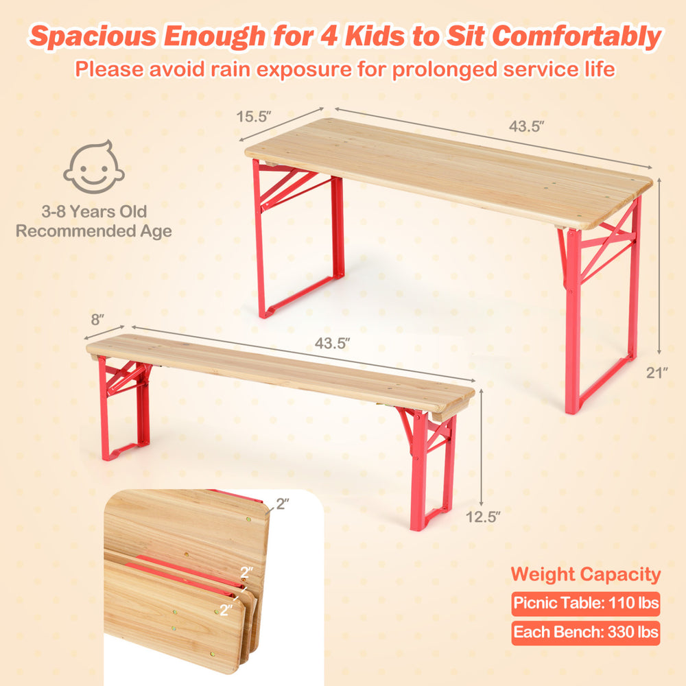 Folding kids picnic table and bench set in red, 43.5" wood top, sturdy metal frame, ideal for indoor and outdoor use.
