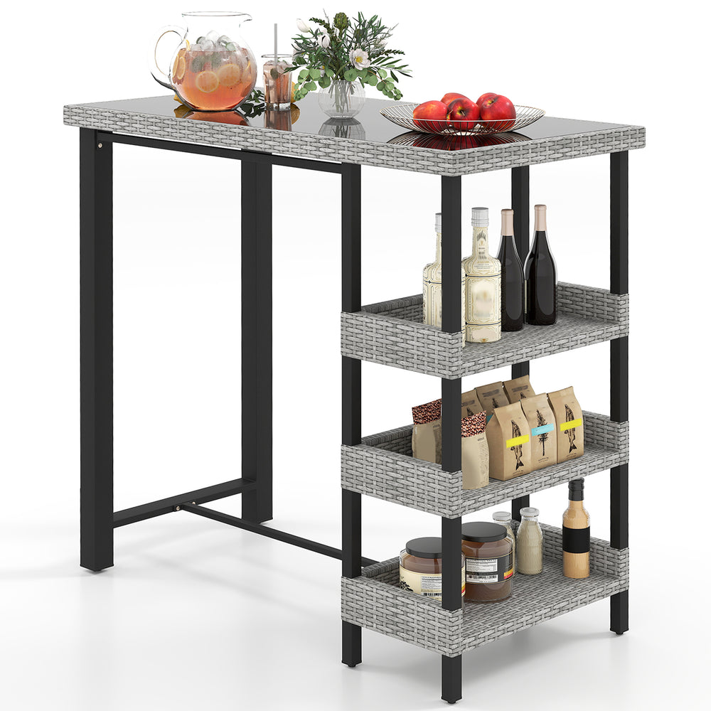 Outdoor bar table with tempered glass top, anti-fading rattan, and three storage shelves for backyard or poolside use.