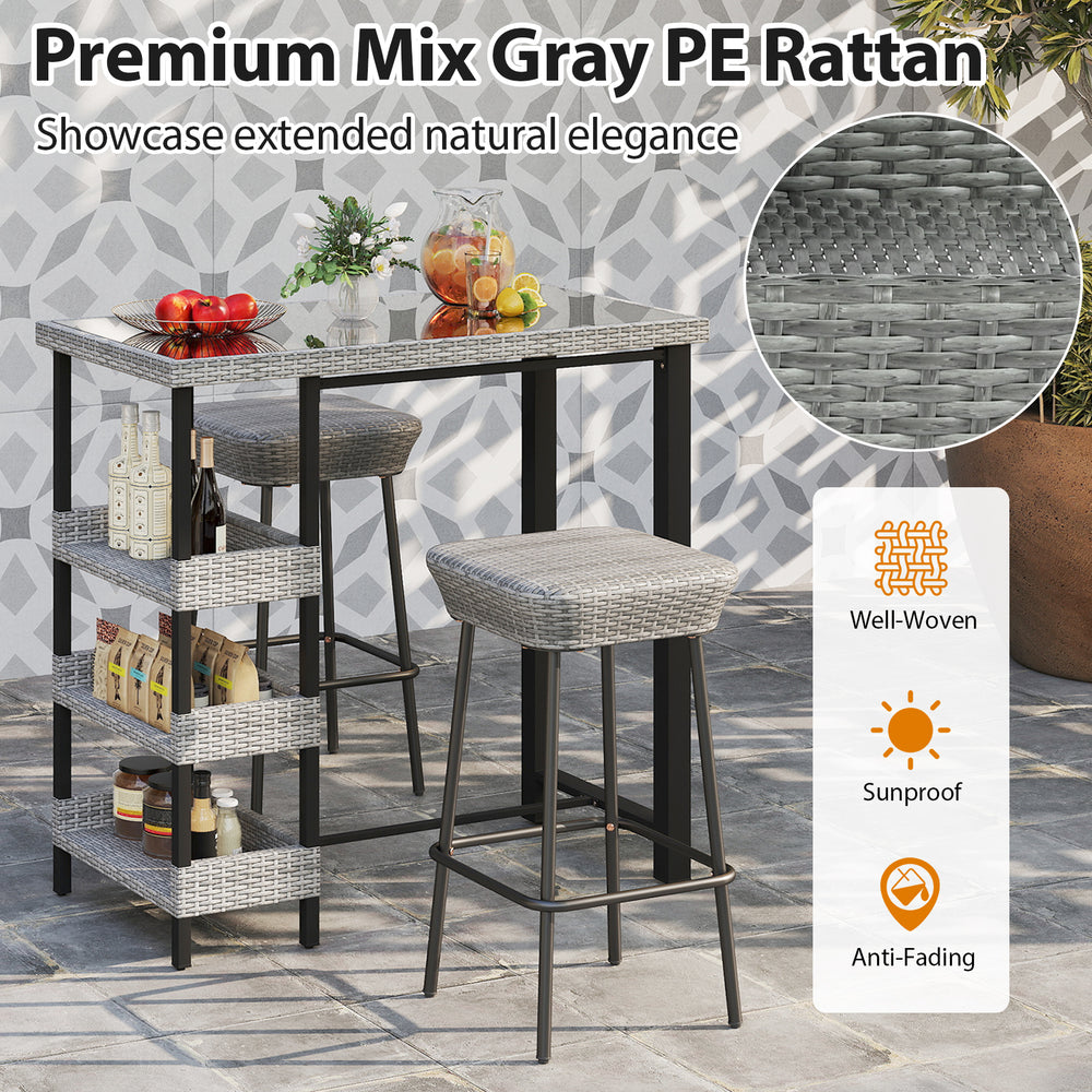 Outdoor bar table with tempered glass top, crafted from anti-fading PE rattan, features 3 storage shelves for.