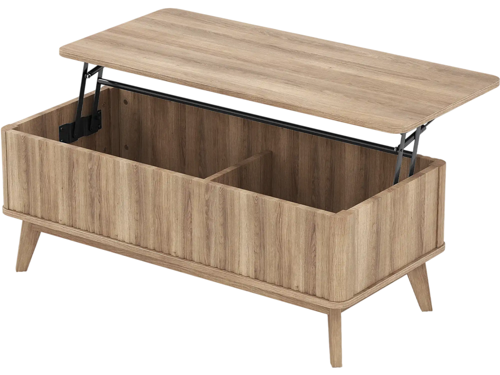 Lift-top walnut coffee table with fluted design, spacious storage, and rubber wood legs for versatile use.