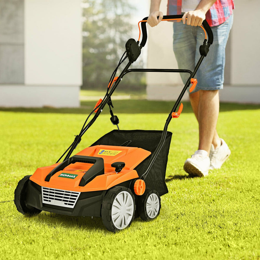 Electric scarifier with collection bag, 13 Amp motor, and adjustable heights for easy lawn care and maintenance.
