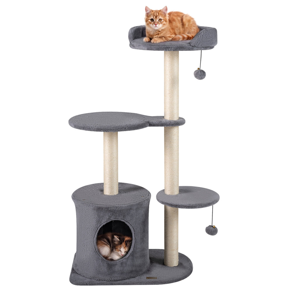 Cat tree with plush perches, sisal scratching posts, and a cozy condo for indoor cats, in gray color.