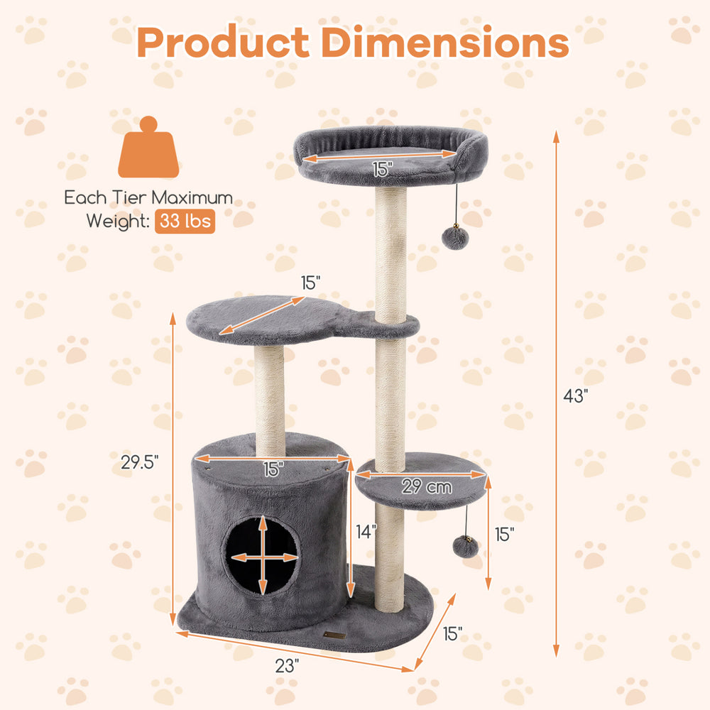 43" gray cat tree with plush perches, sisal scratching posts, and two platforms for indoor cats' exploration.