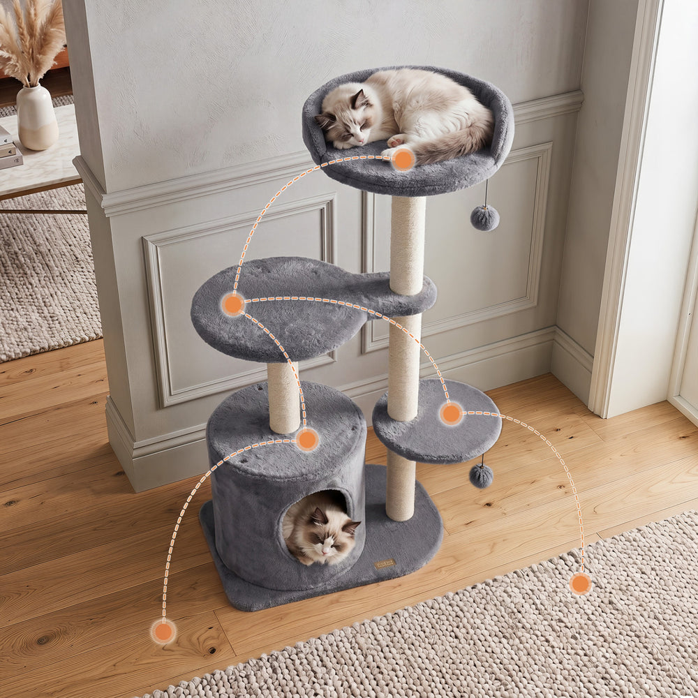 Cat tree with plush perches and sisal scratching posts in gray, featuring two cats lounging and exploring.
