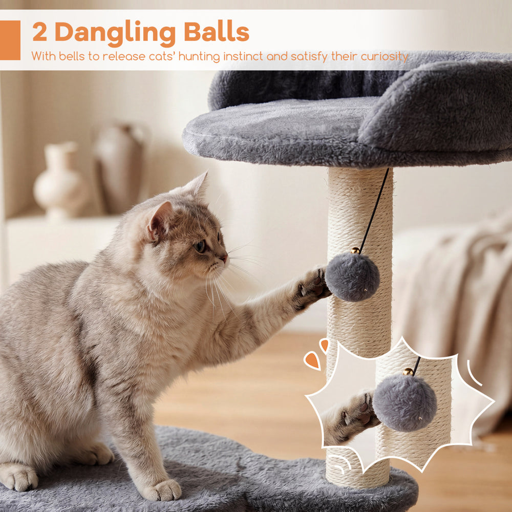Gray cat tree with plush perches, sisal scratching posts, and 2 dangling balls for indoor cats' play and exploration.