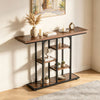 Console table in rustic brown with 5-tier storage shelves, ideal for entryways and living rooms, featuring an industrial design.