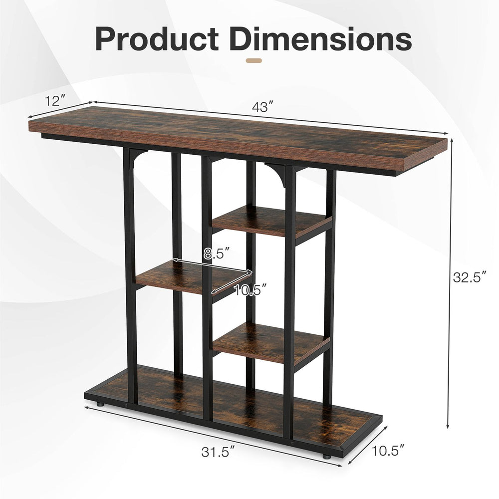 Console table dimensions showing a rustic brown finish, featuring 5-tier storage shelves and robust metal support for stability.