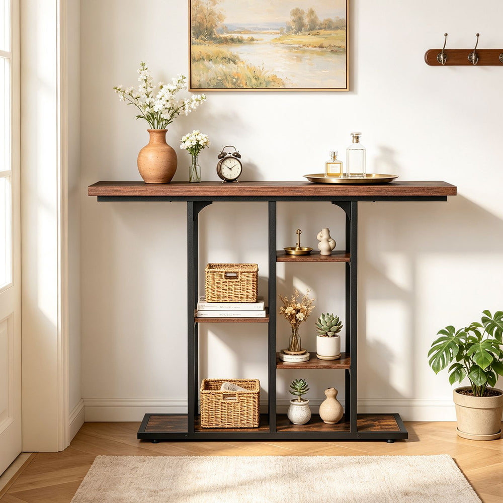 Rustic brown 43" console table with 5-tier storage shelves, ideal for entryways and living rooms, featuring an industrial design.