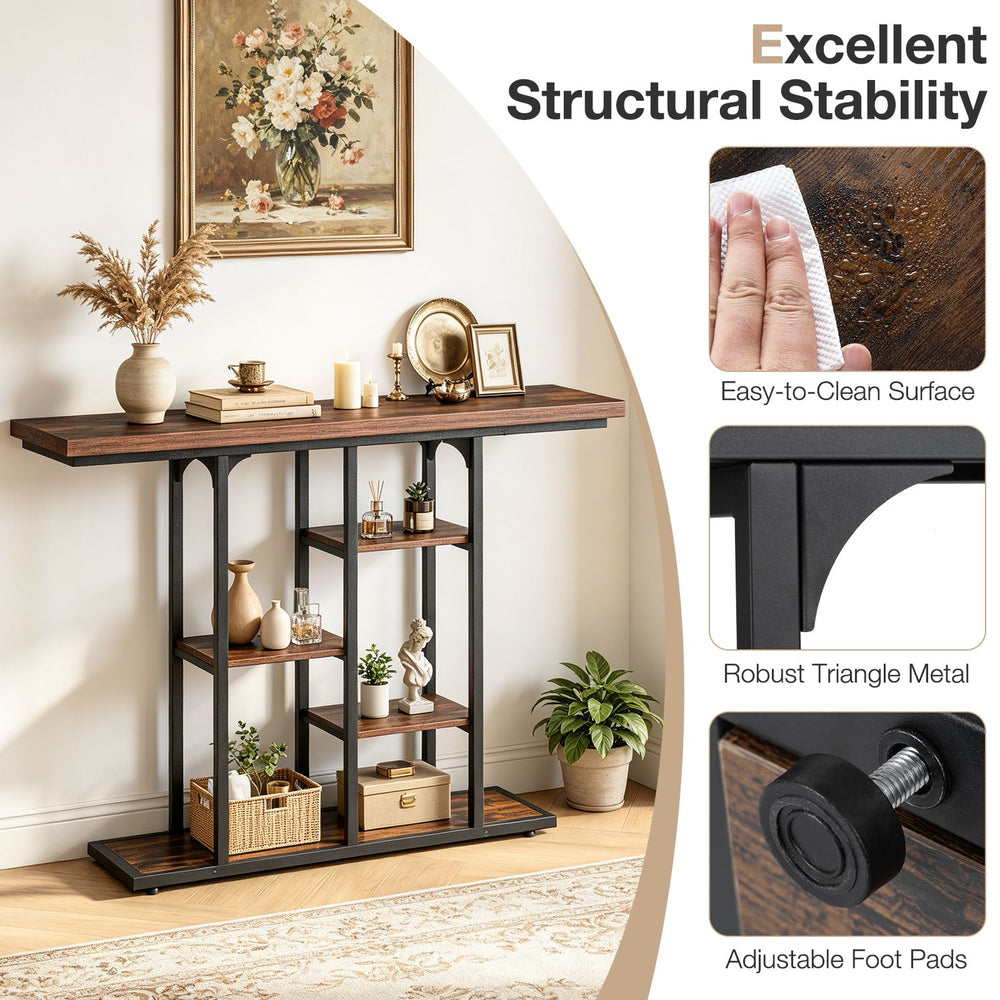 Rustic brown 43" console table with 5-tier storage shelves and robust triangle metal design, ideal for entryways and living rooms.