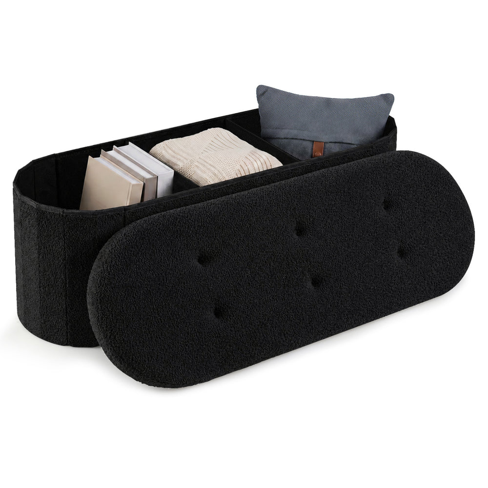 Black 43" folding teddy storage ottoman bench with dividers features a tufted design and spacious compartments for organization.
