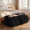 Folding black teddy storage ottoman bench with three compartments and removable dividers for organized living room or bedroom use.