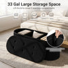 Folding black teddy storage ottoman bench with 33-gal capacity and removable dividers for organized living room storage.