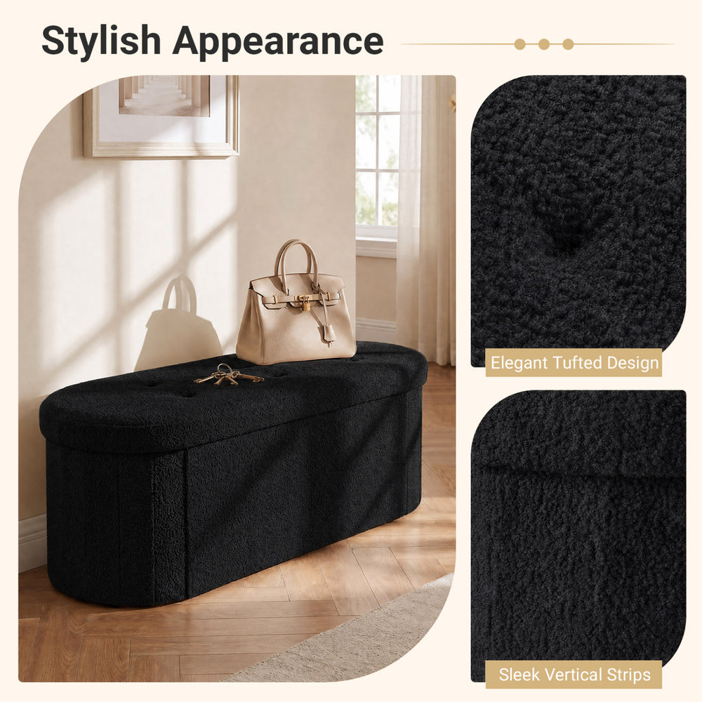 Folding black teddy storage ottoman bench features elegant tufted design and three spacious compartments for organized storage.
