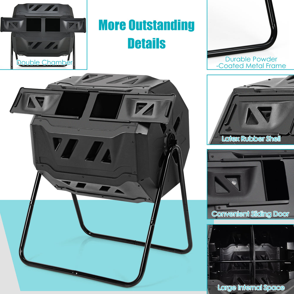 Dual-chamber 43-gallon compost tumbler with sliding doors, made of durable iron and PP for efficient composting.