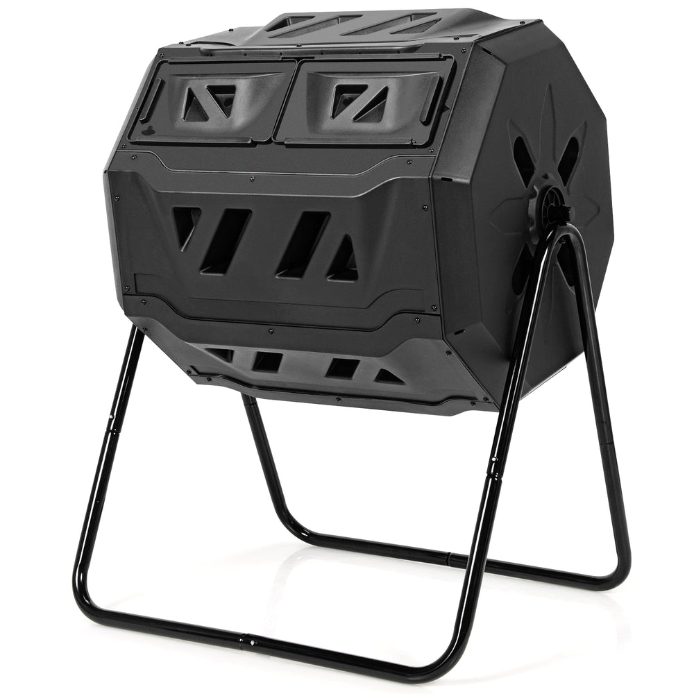 43-gallon composting tumbler bin with dual rotating chambers, made of durable iron and PP, ideal for efficient.