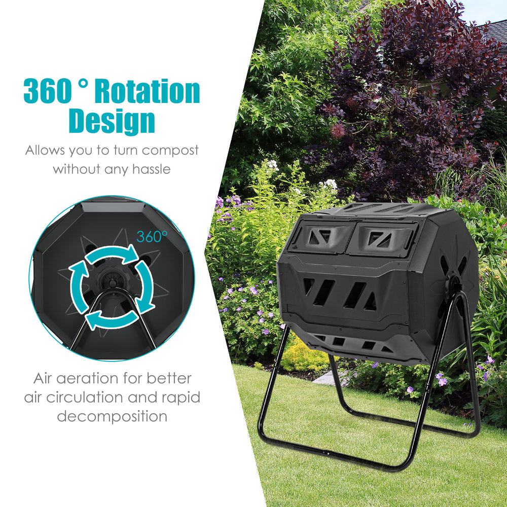 43-gallon composting tumbler with dual rotating chamber for efficient composting and air circulation in the garden.