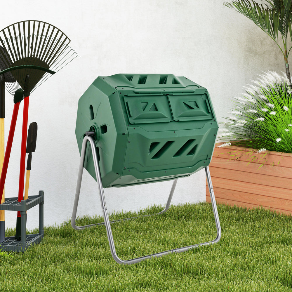 43 Gallon Rotating Compost Bin Barrel with Dual Chamber and Sliding Doors-Green - Gallery View 1 of 10