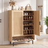 Tall 43-inch shoe cabinet with double doors, natural wood finish, rattan accents, and adjustable shelves for versatile.