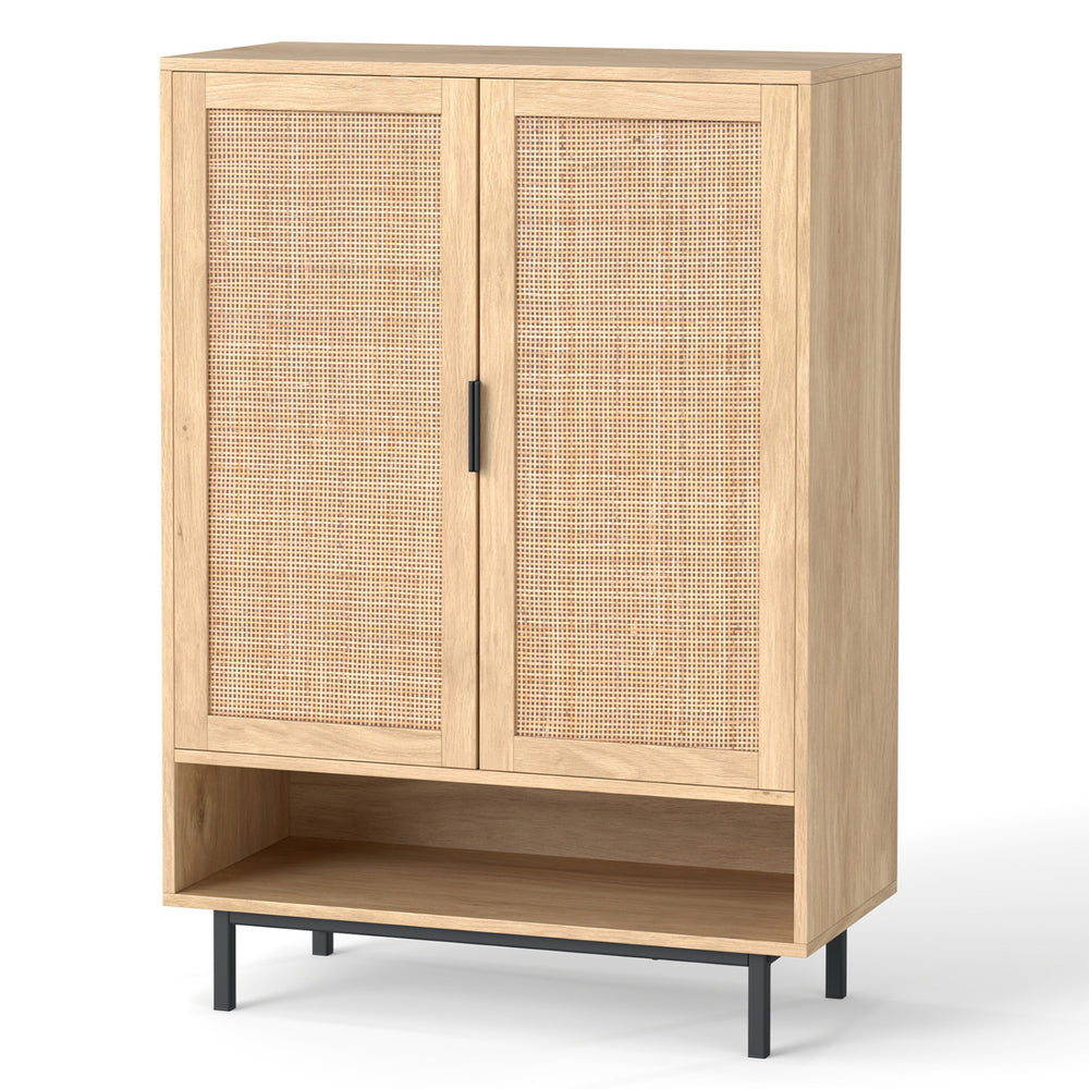 43-inch tall shoe cabinet with double doors, natural finish, rattan decorations, and adjustable shelves for versatile.